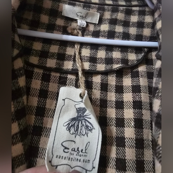 NWT Easel Oversized Flannel Trench Style Shacket, Open Front, Brown Check Plaid. - Picture 11 of 12